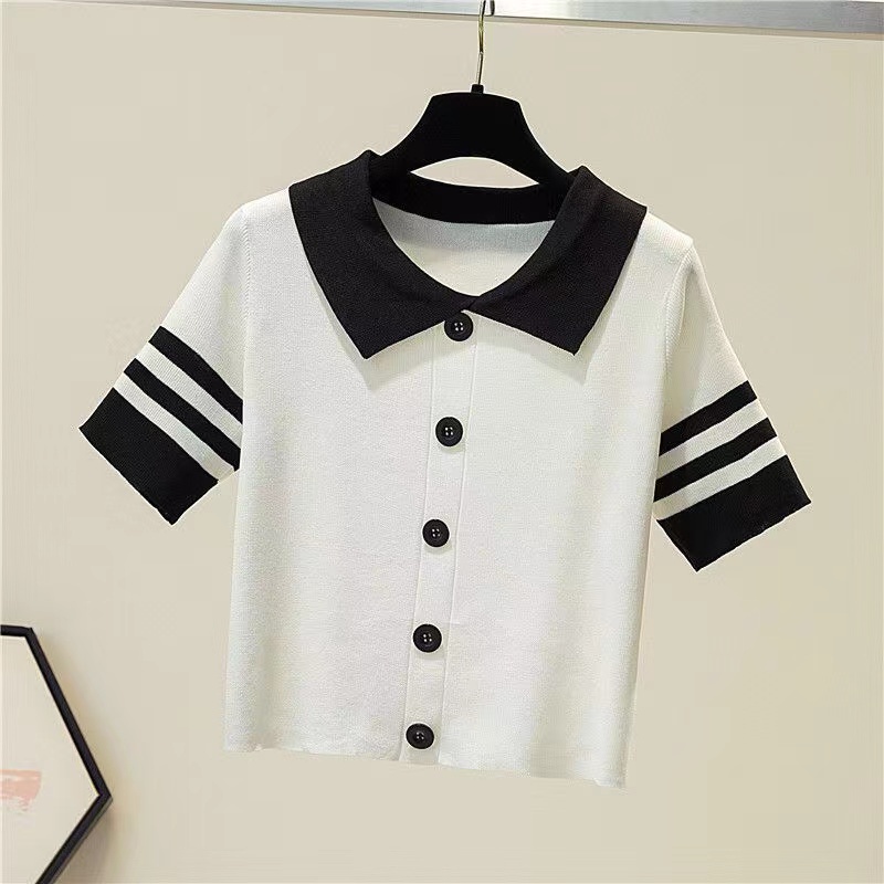 2022 Baru Fragrant Kecil Baru Kolar POLO Perancis Retro Stripe Ice Silk Pullover T-Shirt Tidur pendek