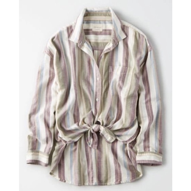 Ready Oversize Cotton Stripe Shirt Drop Sleeve Green Purple White Woman Atasan Kemeja Atasan Garis -