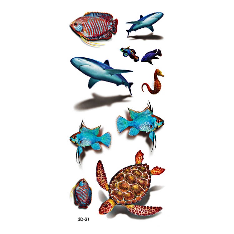 【BTI】3D Warna Tato Sementara Stiker Tato Palsu Hewan Laut Ikan Tahan Air Tato