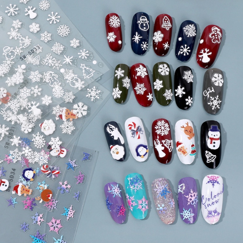 1 Lembar Stiker Kuku 5D Motif Snowflake Santa Claus Warna-Warni Tahan Air Untuk Dekorasi Nail Art