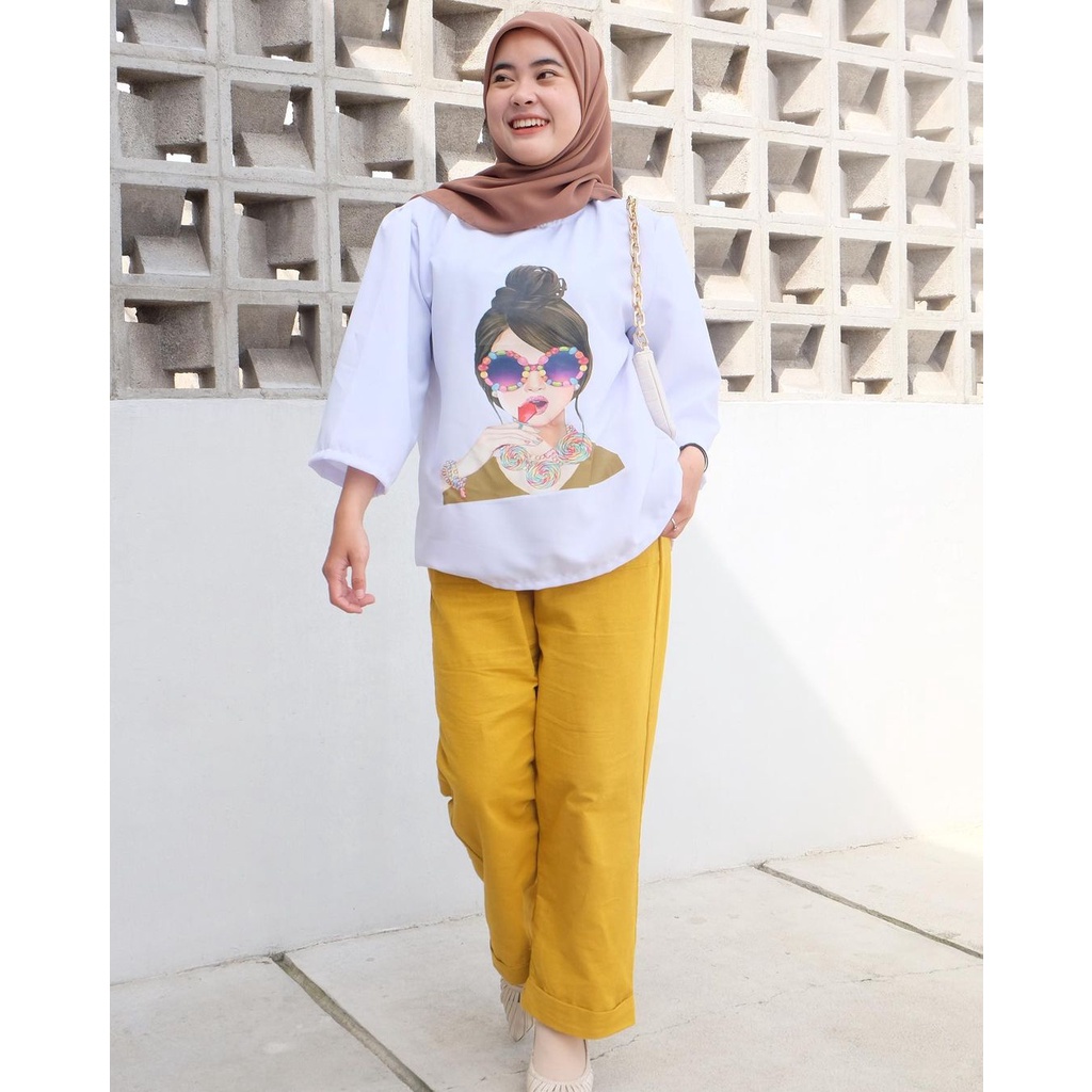 LOLY ONESET BLOUSE + PANTS SETELAN  OVERSIZE WANITA CREAMY CREPE PREMIUM