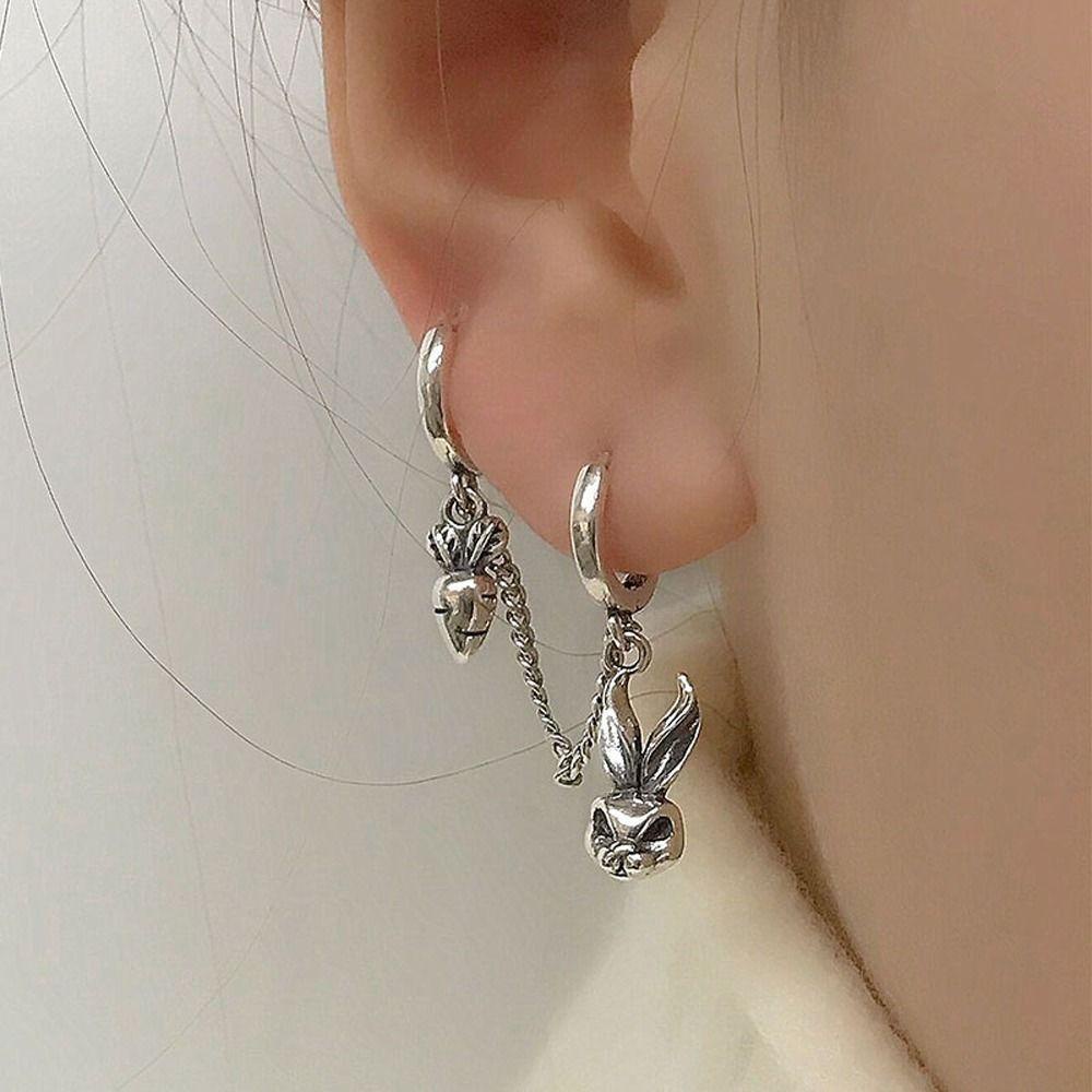 Mxbeauty Wanita Menjuntai Anting Fashion Perhiasan Pesta Perhiasan Hadiah Geometris Anting Liontin Kelinci Liontin Retro Anting Warna Perak Ganda Dua Lubang Tembaga Mode Hoop Earring