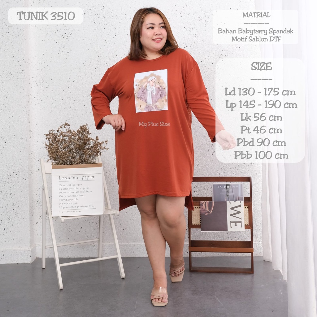 Tunik Kaos Sablon Jumbo 3504, 3506, 3508, 3510, 3512. Ld 130 cm