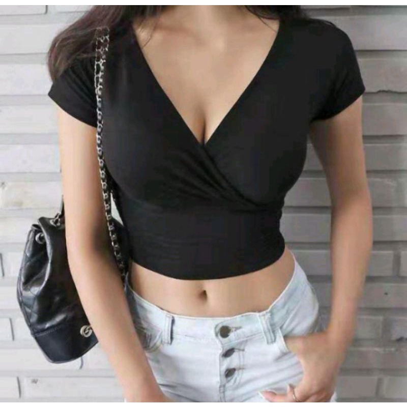 Sexy V-neck T-Shirt Crop Top Kaos Wanita