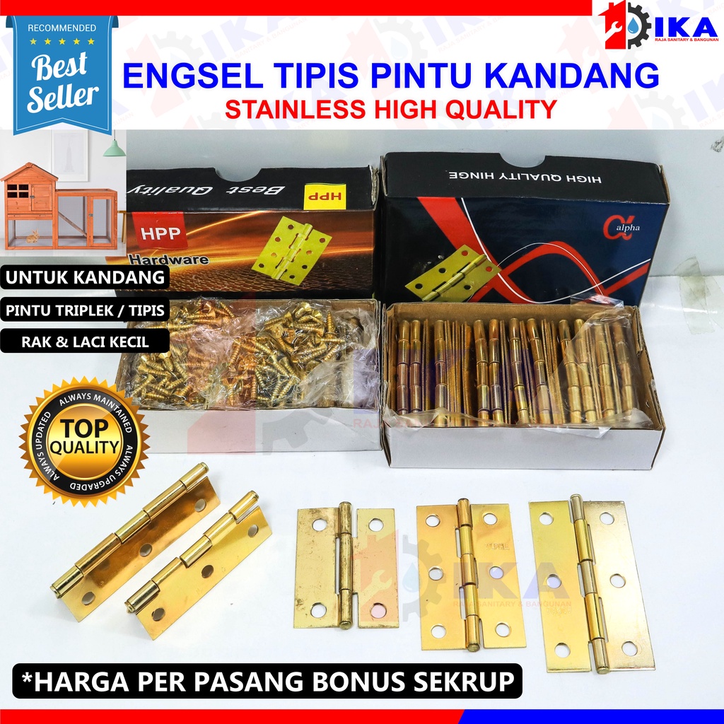 engsel stainles tahan karat 2 inch 2,5&quot; inch 3 inch tebal 0,9 mm engsel laci engsel kandang n lemari / Engsel plat tipis Gp (kuning) SN (Silver) gold plate 2 inch 2,5inch 3inch - ENGSEL KANDANG KOTAK LEMARI PETI