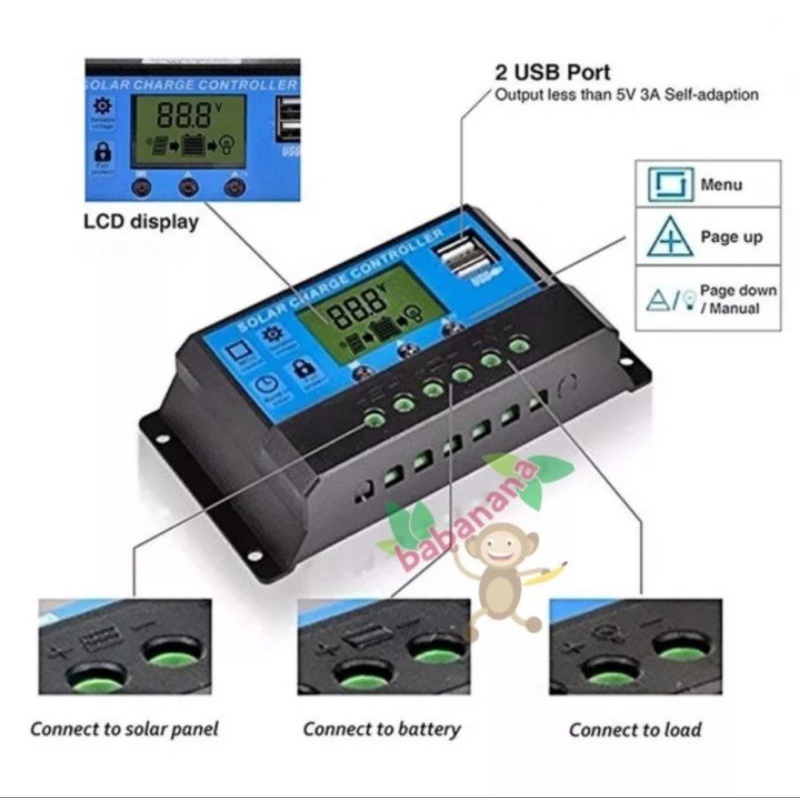 Solar Panel Charger 10A 12V 24V controller panel surya display usb