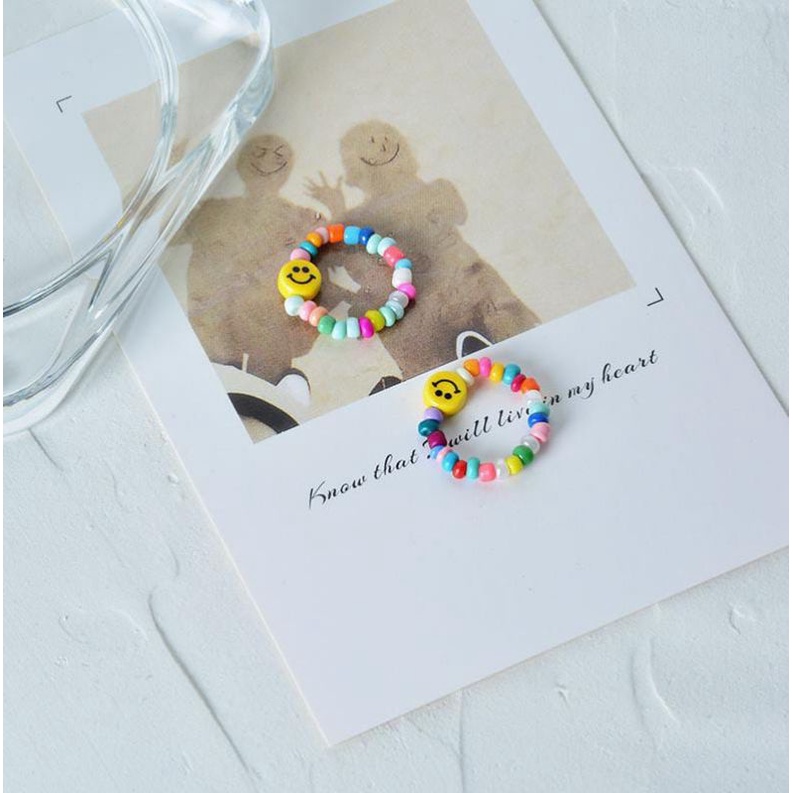 Cincin Manik Smile Wanita Mix Beads Campur Warna Fancy Ceria Import Benang Mulur Premium