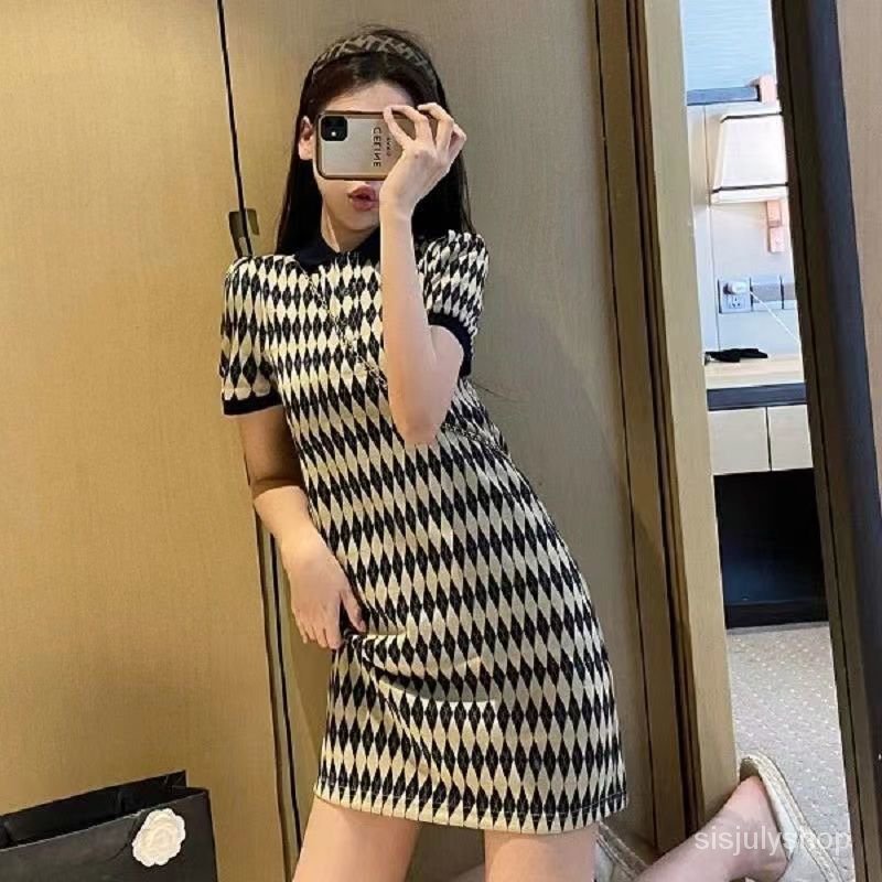 #Sisjuly# Gaun rajutan belah ketupat temperamen retro wanita POLO kerah dupa angin kecil rok A-line