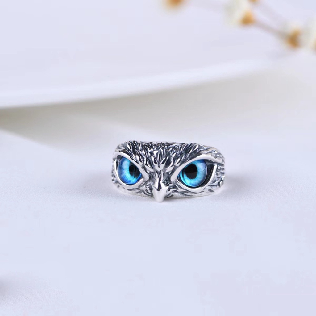 Cincin adjustable Desain Burung Hantu Mata Biru Gaya hip hop vintage Untuk Pria