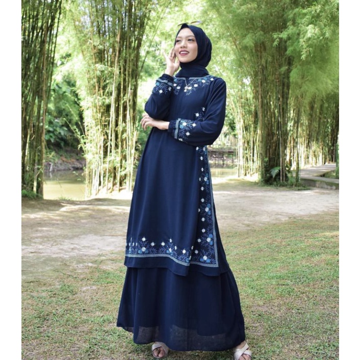 Gamis malaysia bordir laser bunga halus Seragam pesta