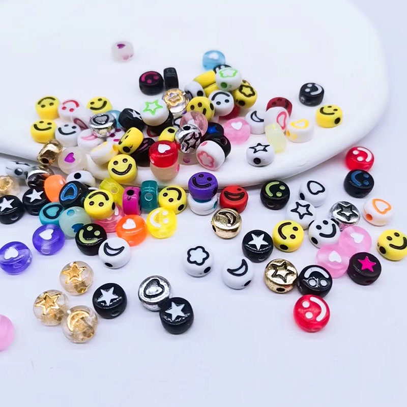 100pcs Manikmanik Akrilik Bentuk Bintanghati Motif Smiley Face Warnawarni Ukuran 6mm