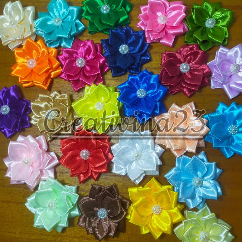 Aplikasi Bunga Satin, Aplikasi Bunga Pita Satin, Aplikasi Bunga Gardenia, Souvernir, Bros Bunga Sati