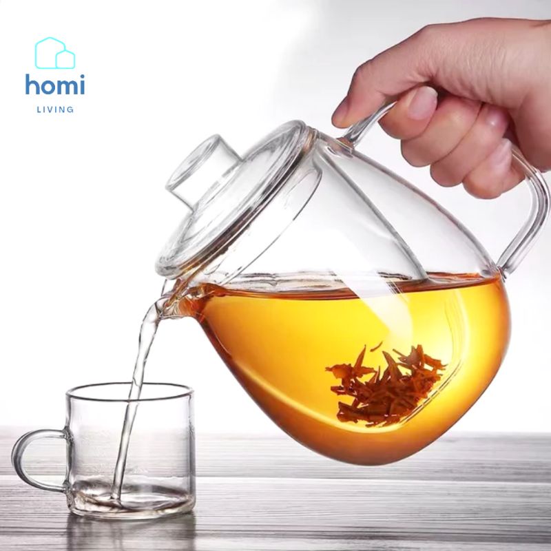 HOMI 1200 ML  Teko Pitcher Teh Kopi Tutup Set Bening Kaca Keramik Transparan Aesthetic Estetik Sarin