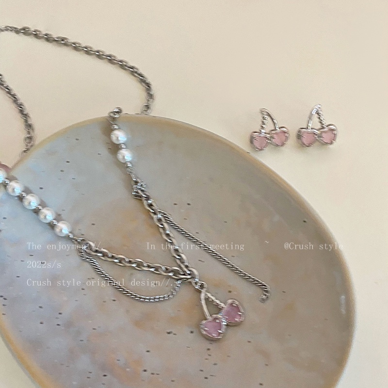 AY(CN) Set Anting Tusuk + Kalung Rantai Silver Wanita Desain Buah Ceri Hias Mutiara Pink