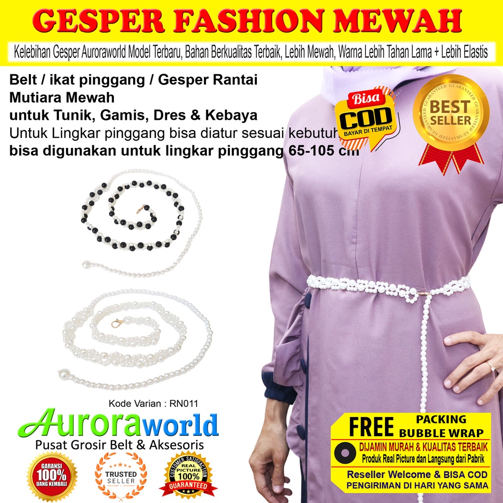 Auroraworld Belt wanita ikat pinggang mutiara Belt wanita gesper rantai mewah untuk dress gamis tunik ikat Pinggang Fashion Terbaru bisa COD RN-1B