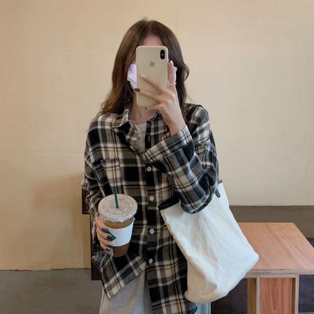 "NJK.18Oc22d" [COD&READY STOK]3 warna atasan kemeja kotak-kotak model retro longgar lengan panjang k