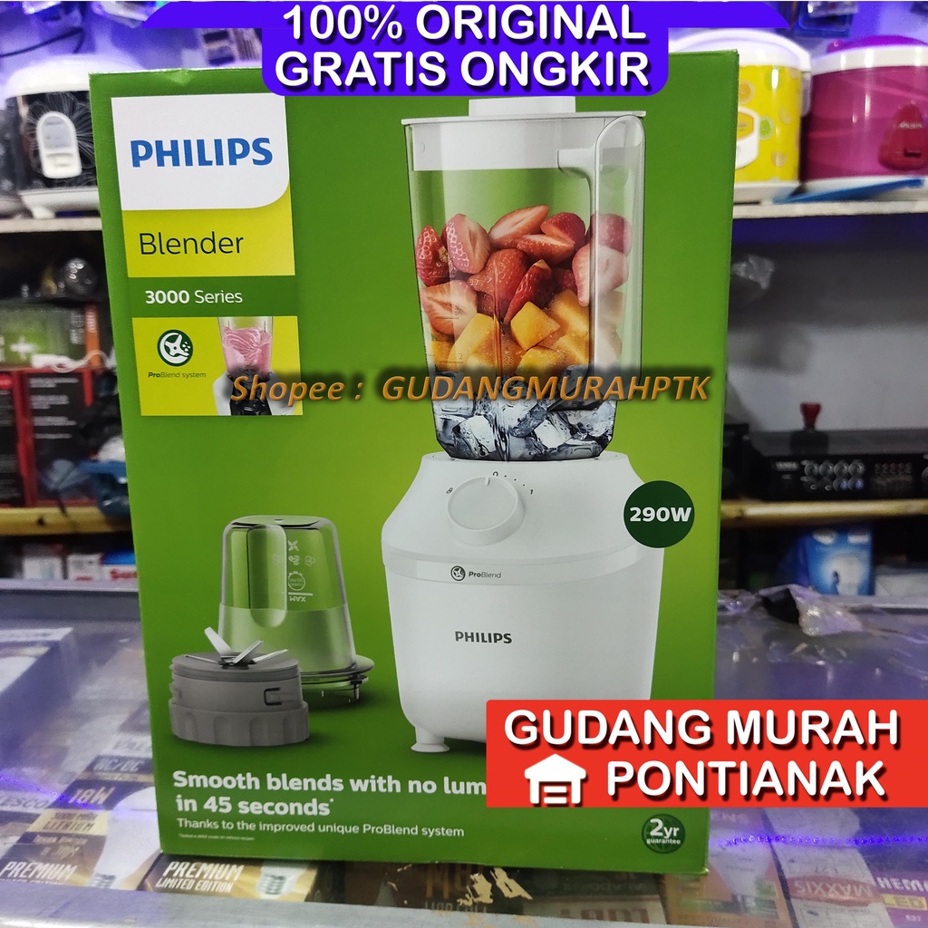 Blender Philips Original Pro Blends ASLI KUAT dan AWET HR2042 3000 Series Blender 290W Plastic / plastik WARNA PUTIH