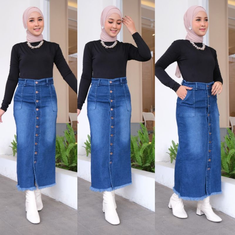 Rok Jeans Stretch Span Panjang Gisca Kancing Depan Tebal Dan Melar