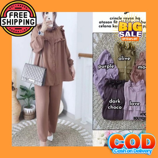 One Set Basic 2In1 || Pakaian Wanita || Baju Dan Celana Wanita || Sete Milly Set Rayon Crincle | Ste