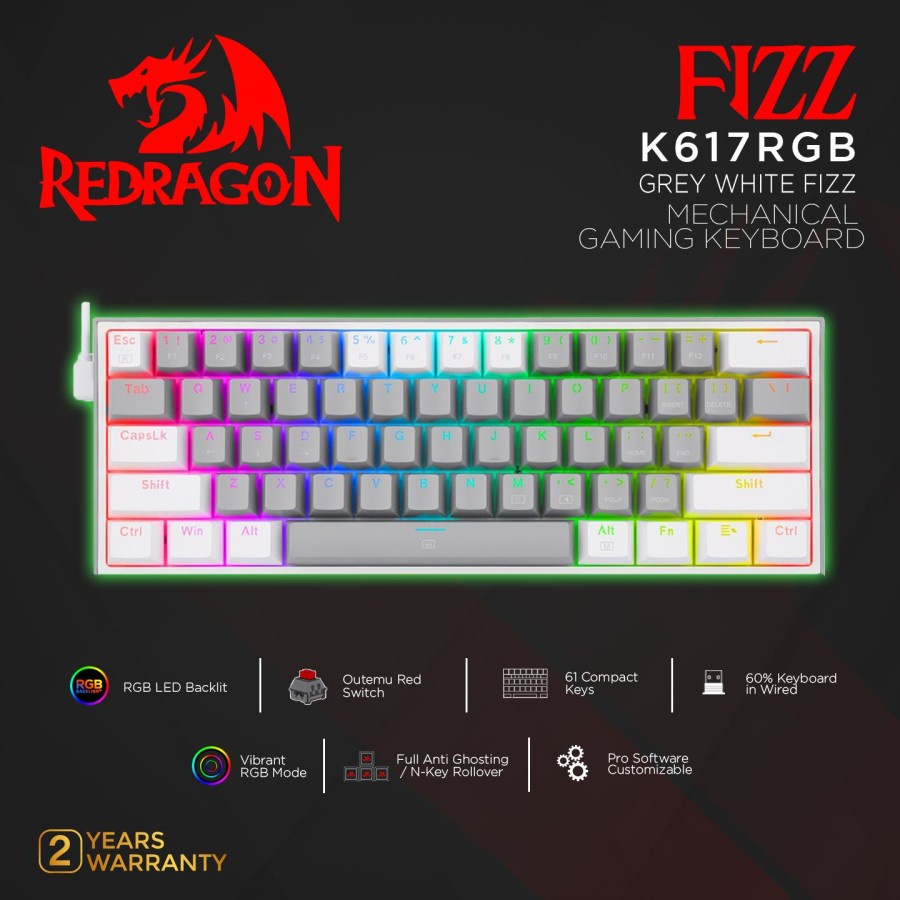 Redragon K617 / K617 FIZZ / K617RGB / K617 RGB GREY - WHITE 60% Mechanical Gaming Keyboard