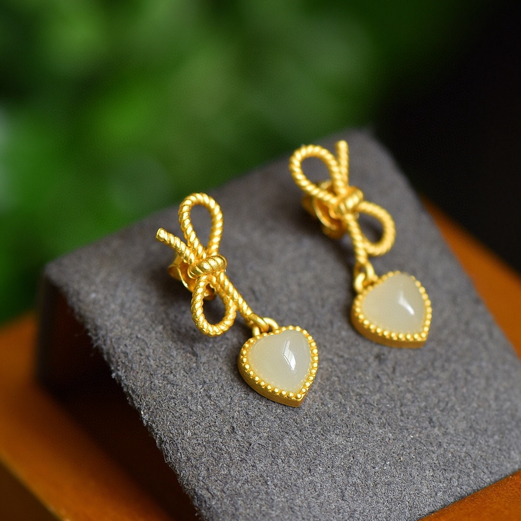 Goldkingdom Perhiasan Fashion Emas Asli Kadar 375 Bangkok Aksesoris Ready Stock Cinta Berlapis Emas Hati Busur Kecil Halus Gaya Pendek Dan Tianyu Anting Wanita