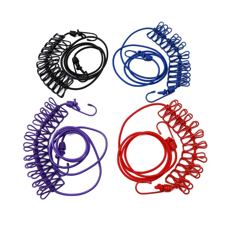 Tali Jemuran Portable Dengan 12Pcs Klip Jepit 4 Warna Untuk Outdoortravel