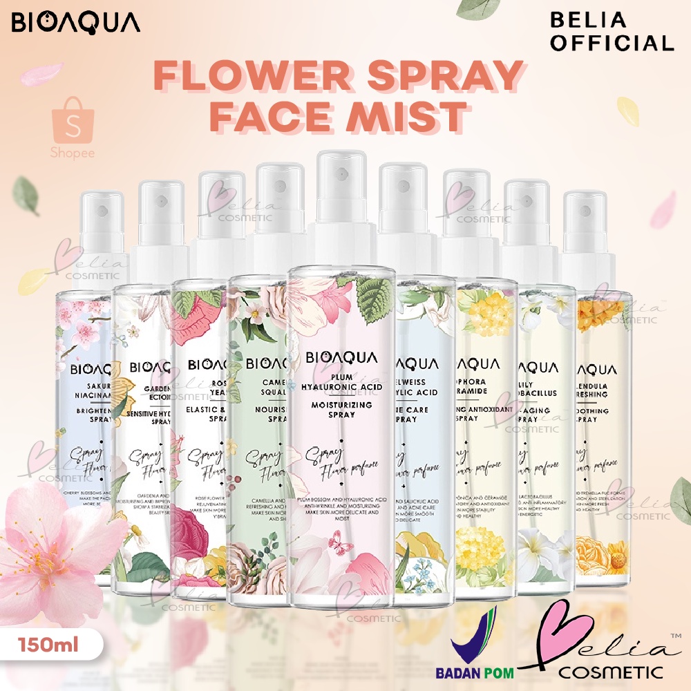 ❤ BELIA ❤ BIOAQUA Flower Spray Face Mist 150ml Hydrating / Brightening / Soothing 9 Varians Flowers | BPOM