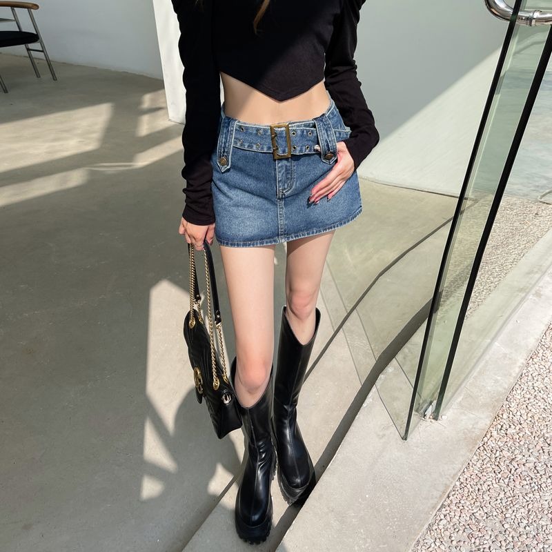 rok jeans pendek 3/4 wanita rok a-line high waist rok midi skirt denim kekinian 2023 berpinggang tinggi sedang untuk menutupi rok pinggul selangkangan