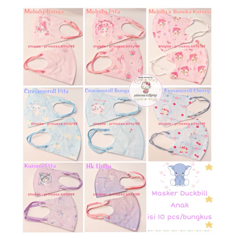 MASKER DUCKBILL ANAK 3 PLY NON-MEDIS ISI 10 PCS MOTIF KARAKTER LUCU HELLO KITTY MELODY CINNAMOROLL M