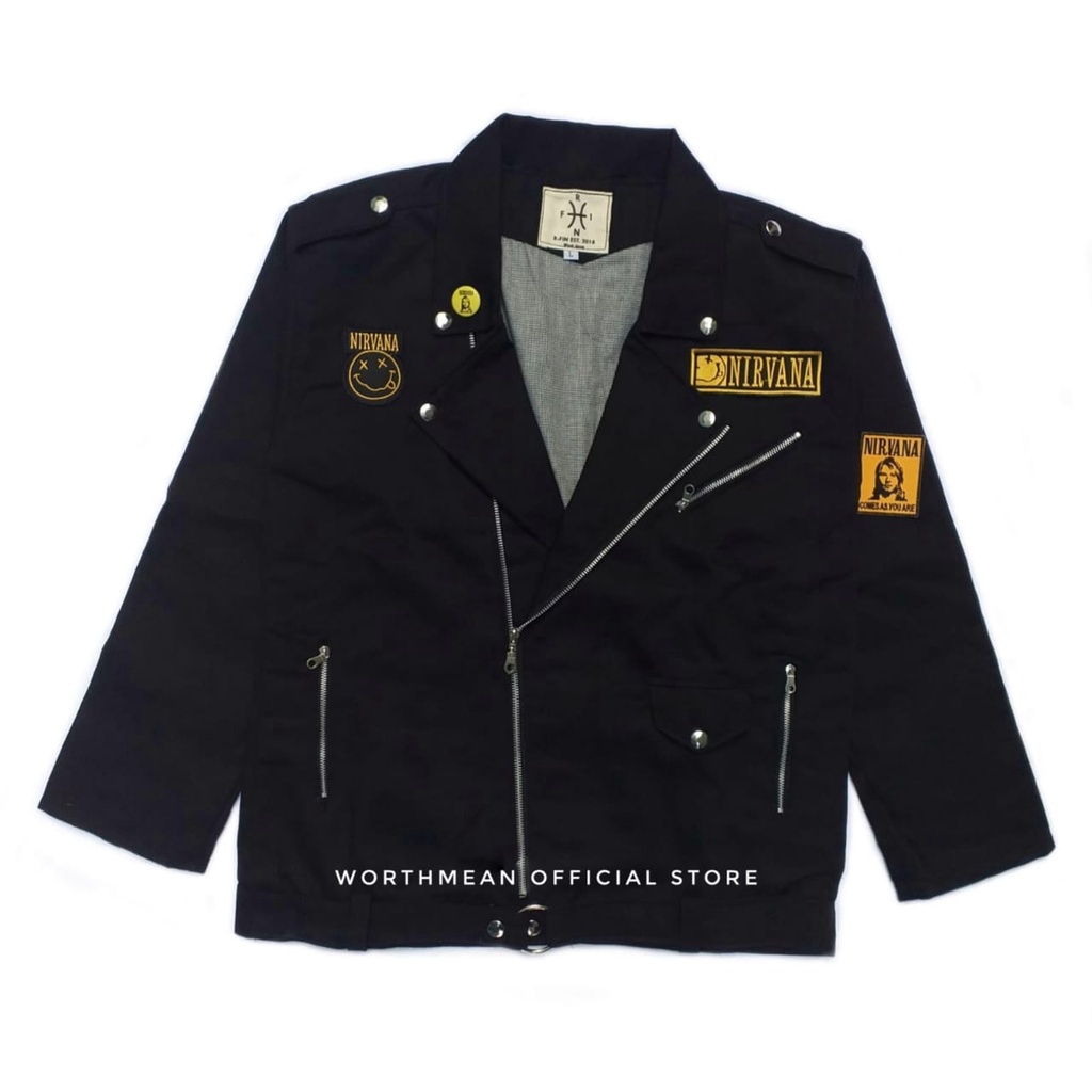 WORTHMEAN JAKET DOUBLE KERAH BLACK VEST COLLAR PUNK NIRVANA DENIM + 1 PIN + 3 EMBLEM JAKET PRIA JAKE
