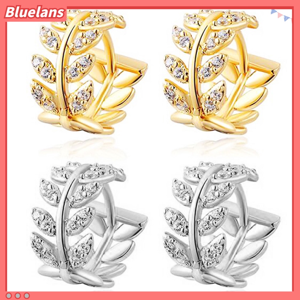 Bluelans Women Rhinestone Willow Leaf Temperament Ear Clip Piercing Earrings Jewelry