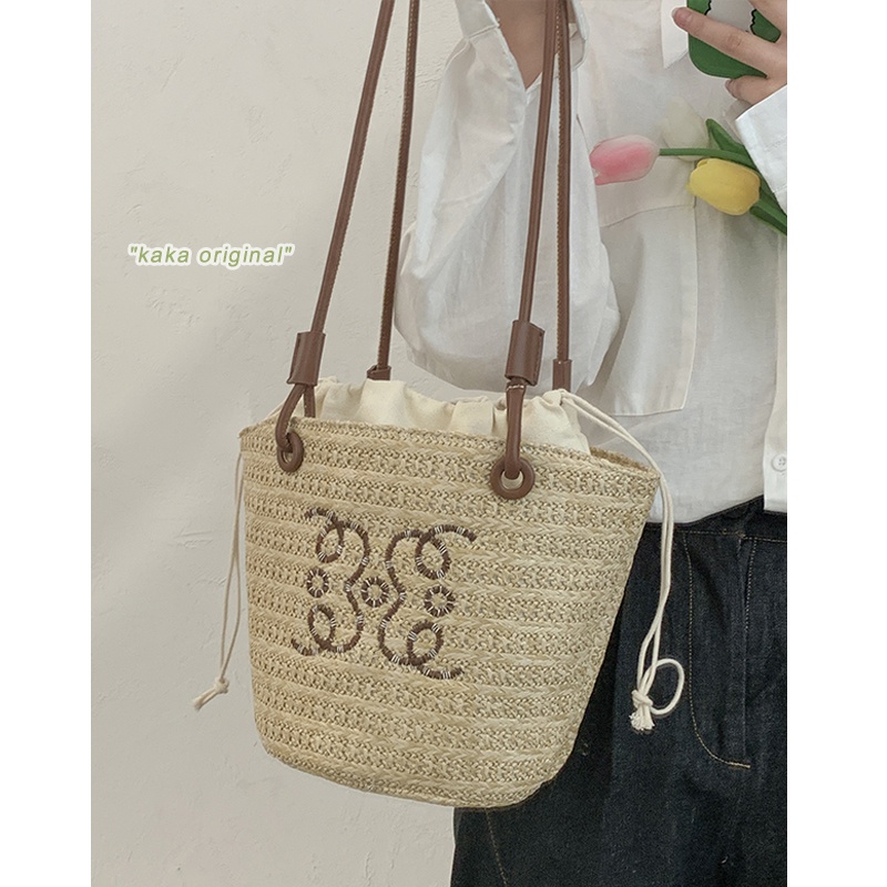 Suhao Tas anyaman jerami mori wanita musim panas 2022 mode trendi baru tas jinjing retro tekstur niche tas ketiak tas anyaman