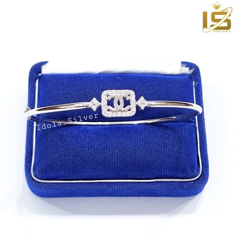 GELANG PERAK ASLI 925 SILVER LAPIS EMAS PUTIH MODEL BANGLE BULAT VARIASI KOTAL CAN*EL PERMATA - PERHIASAN PERAK