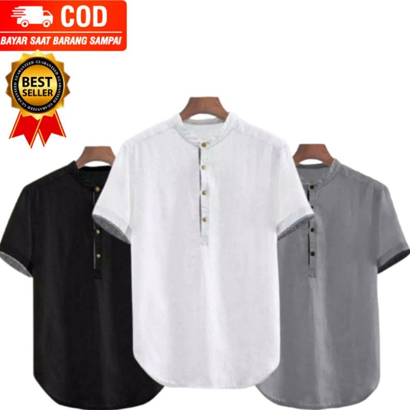 Koko kurta pria lengan pendek polos casual matt katun halus