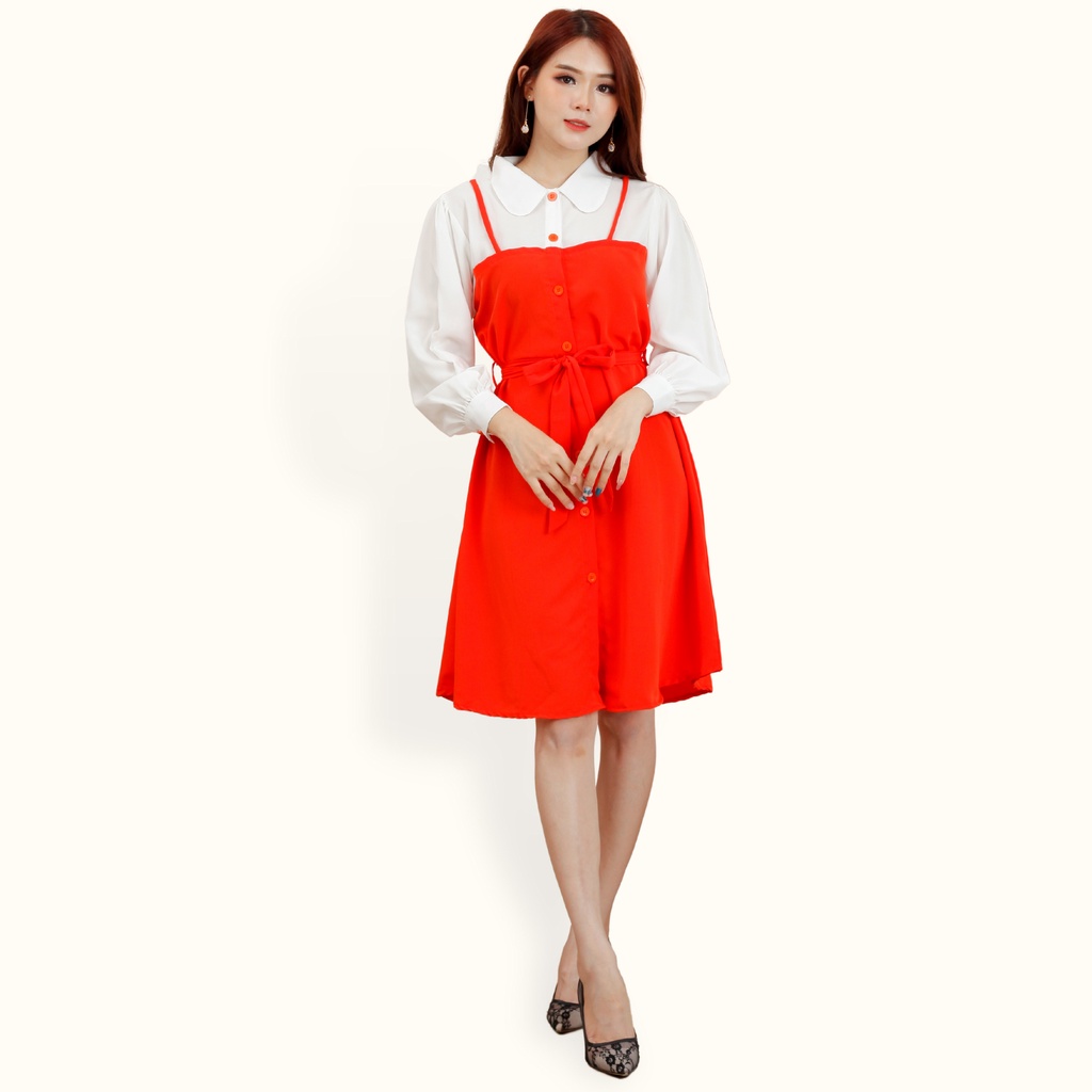 Midi Dress tunik Lengan panjang wanita gaya korea kombinasi warna - XSHOP Kenisha LS