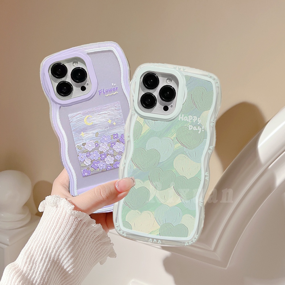 Realme 10 C35 C31 C33 C33 C30 Realme5 6i 5i 7i C15 C25s C21Y C25Y C11 C12 C25 C11 2021 C20 C20A C3 C1 Wavy Edge Case Lukisan Minyak Hijau Love Hati Bunga Ungu Soft Clear Cover RIXUAN