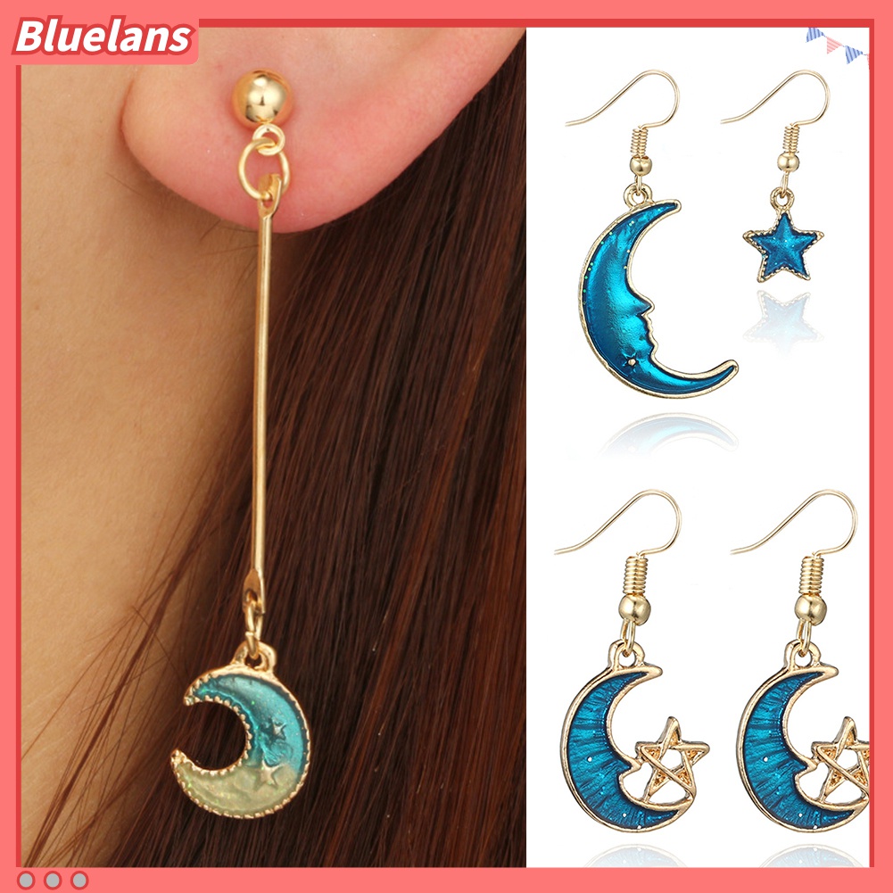 Anting Kait Juntai Desain Bulan Bintang Warna Biru Untuk Wanita