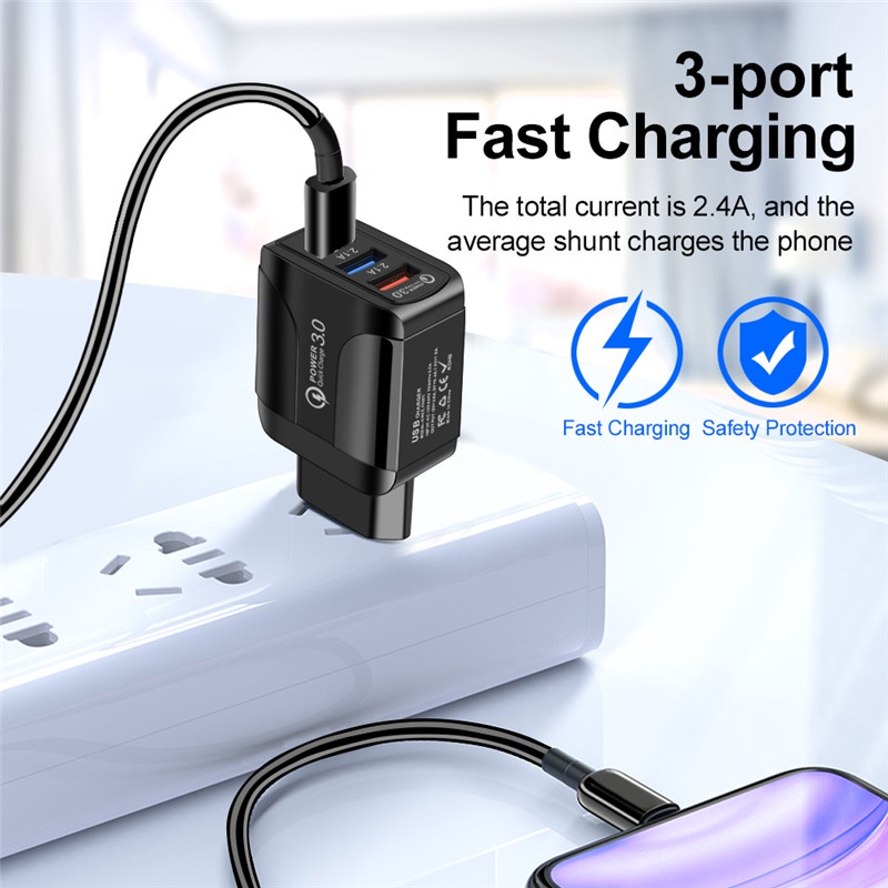 Adapter Charger 3 Port USB QC3.0 Plug EU US UK Untuk Iphone 14 13 12 Android