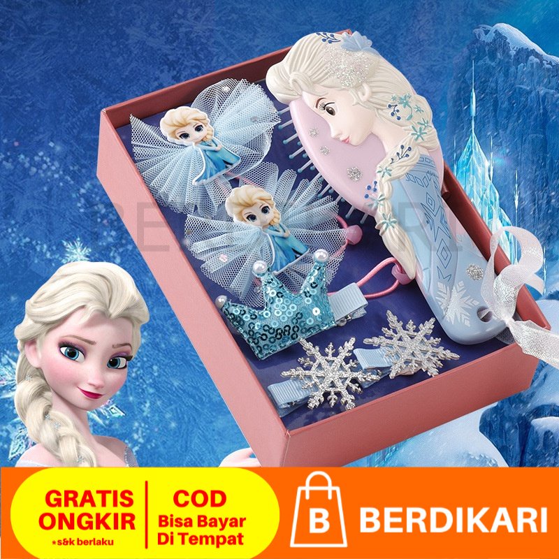 Paket Aksesoris rambut Frozen Elsa 6 in 1 sisir ikat rambut jepitan gift ulang tahun perempuan