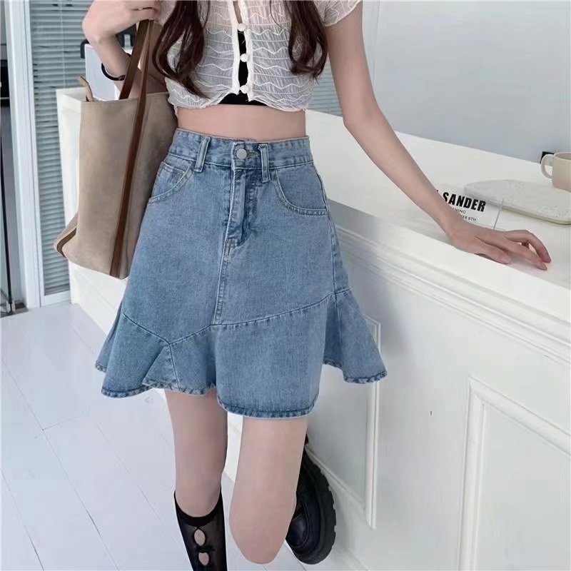 Rok gelombang Rok Denim Wanita Desain Pinggang Tinggi A-Line Rok Ins Fashion Korean Stlye Rok Lipit Jeans