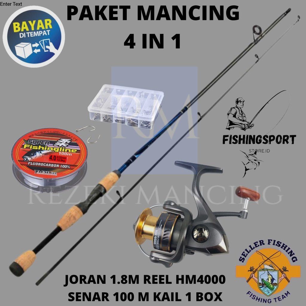 Set Pancing Murah Lengkap Joran 1.8 Meter Reel Spinning HM4000 Metal Material Bonus Senar 100m Kail 