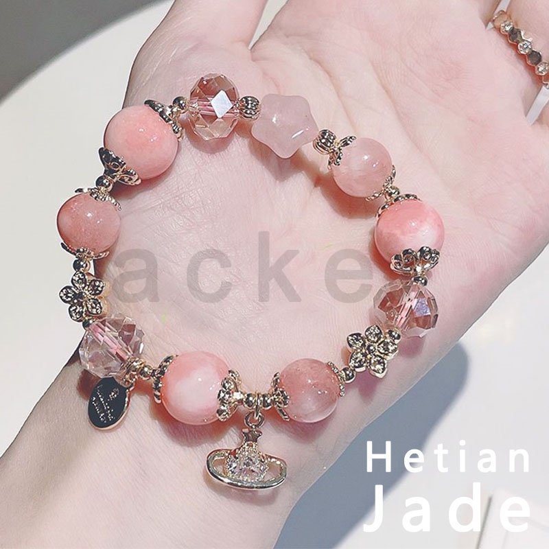 Gelang Manik-Manik Kristal Giok Hetian Alami Warna Pink Strawberry Untuk Wanita