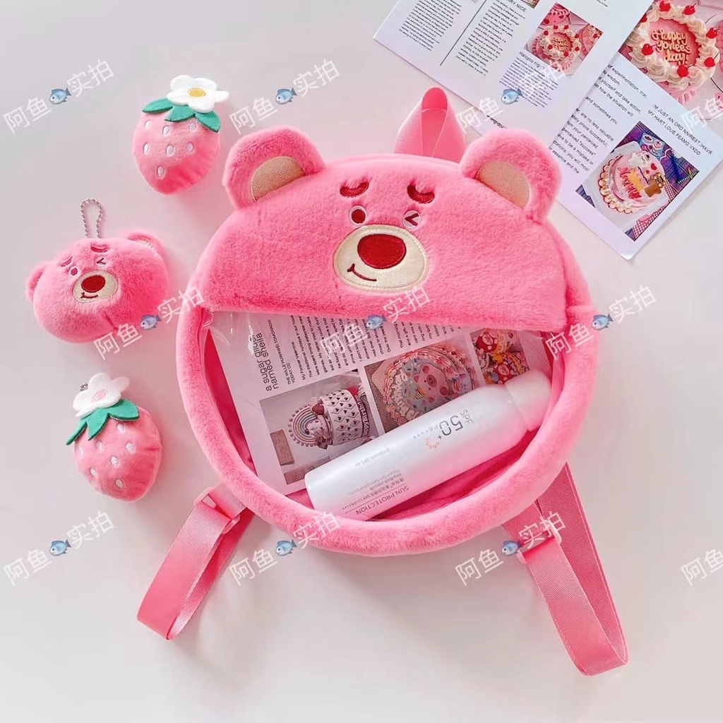 Tas Selempang Lotso Transparan Bonus Gantungan Tas Aroma Strawberry Bahan Plush