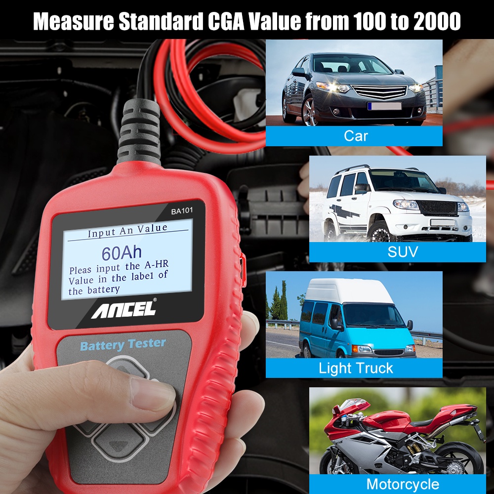 ANCEL BA101 12V Car Battery Tester Digital Car Battery Analyzer Battery Health Analyzer Car Diagnostic Tool For Car/Motorcycle/Vans/Light Truck/Boat