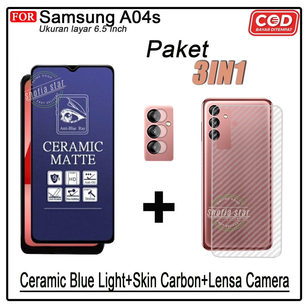 PAKET 3IN1 Tempered Glass Blue Light Samsung A04 A04E A04s A03S A02S Anti Radiasi Full Cover Protect Camera