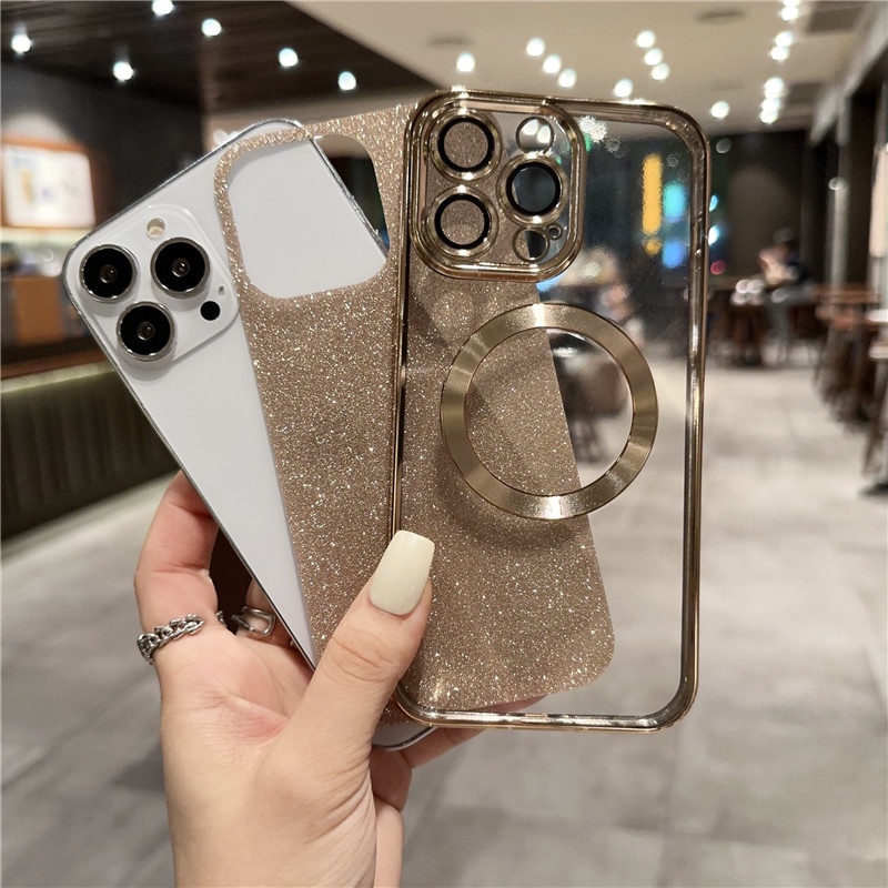 IPHONE Luxury Glitter Transparan Untuk Cas Pengisian Nirkabel Magnetik Untuk Iphone14 13 12 11 Pro Max14 Cover soft casing