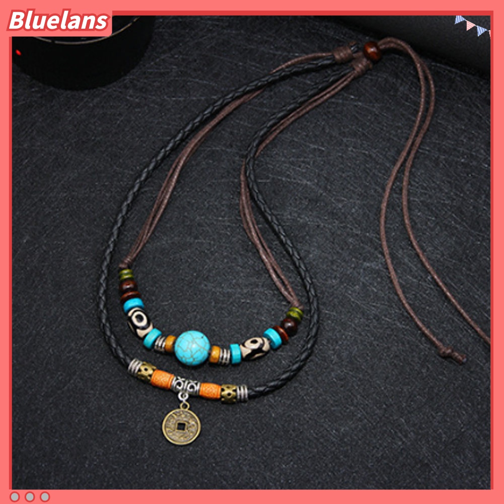 Kalung Choker Multilayer Dengan Liontin Koin Manik-Manik Turquoise Imitasi Untuk Pria