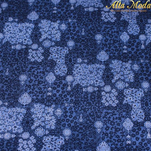 Katun Saten Biru Motif Batik Bunga Alta Moda