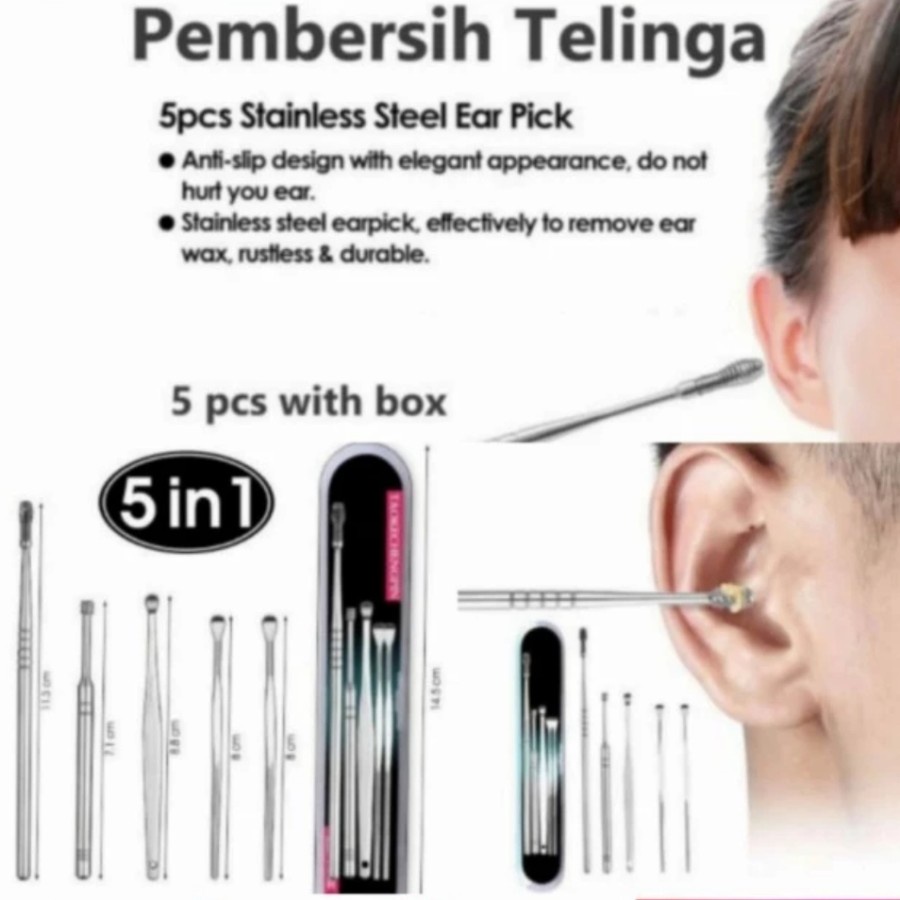 Korek Kuping Pembersih Kotoran Telinga Cotton Bud Stainless 5 in 1 On