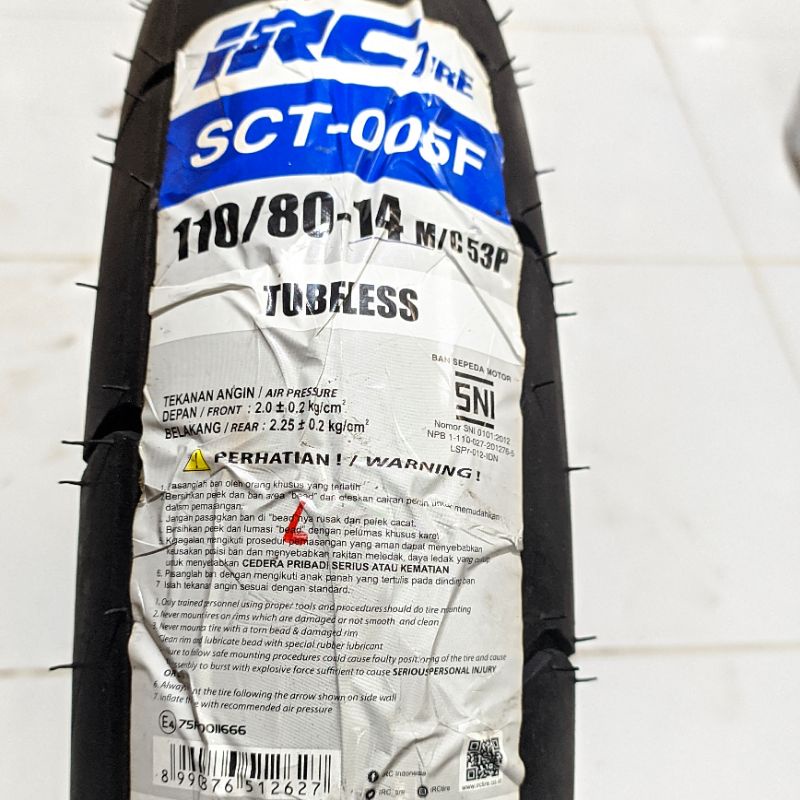 BAN LUAR IRC TUBELESS 110/80-14 SCT-005F SEPEDA MOTOR